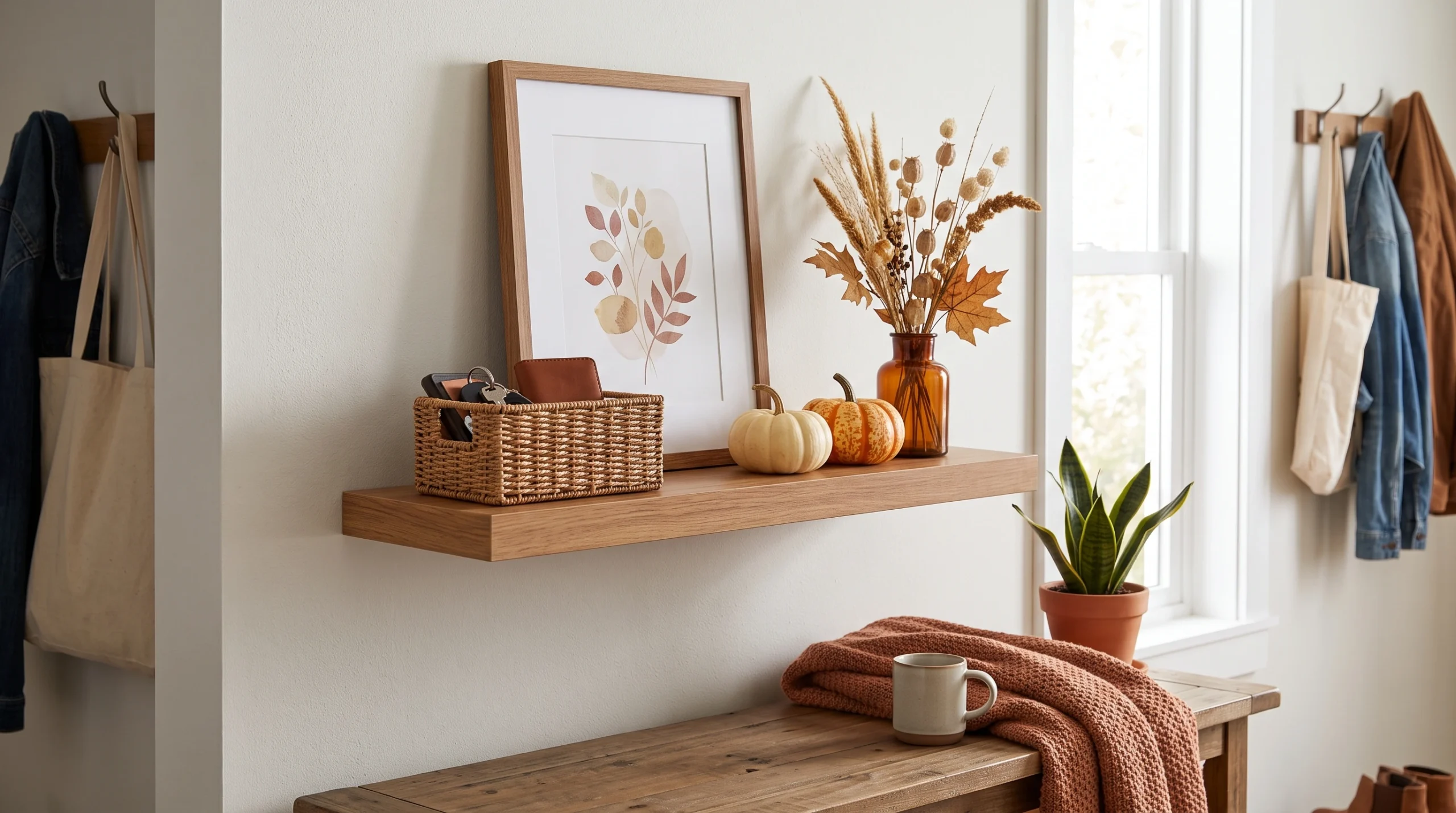 Visual illustration of style an entryway shelf for fall
