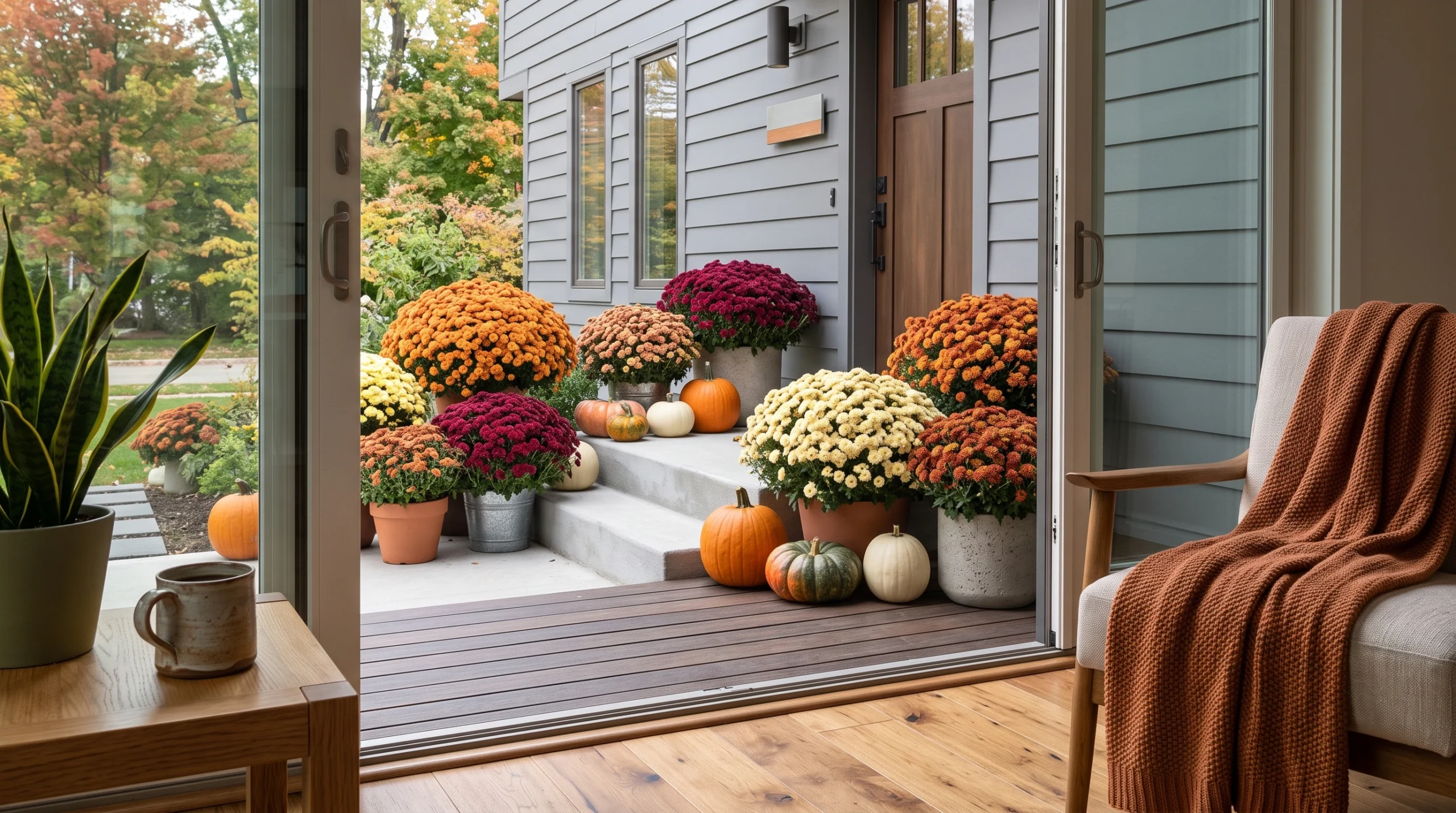 Visual illustration of style mums on a gray house