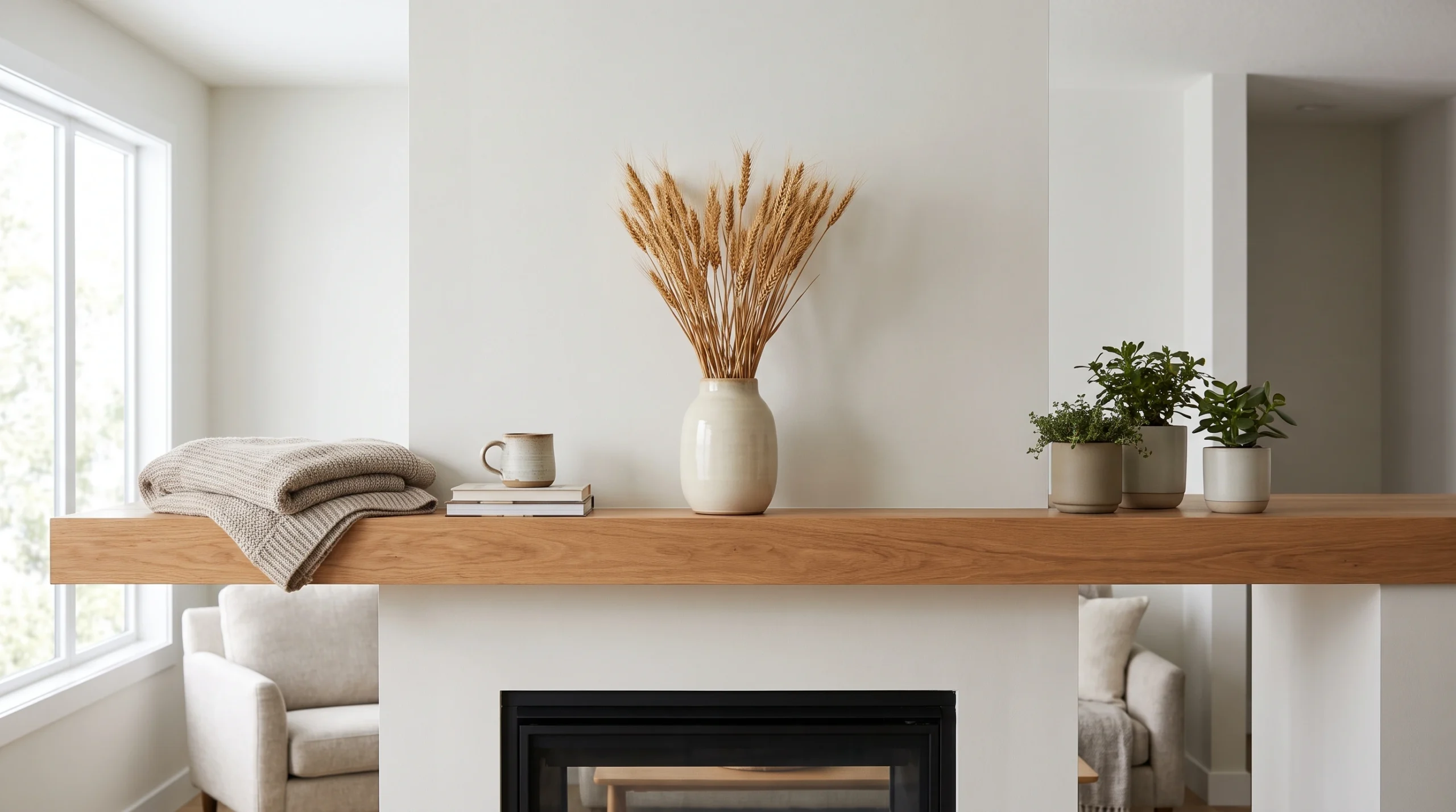 Visual illustration of style the mantel with dried wheat