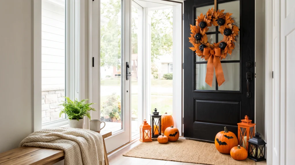 Visual illustration of try a black-and-orange door display