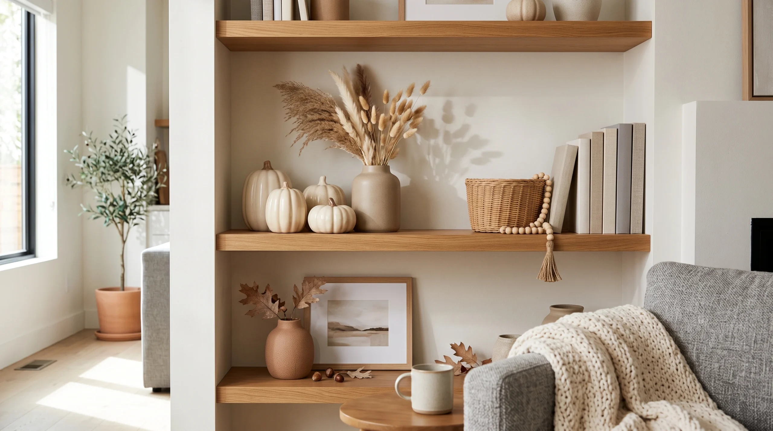 Visual illustration of try neutral fall shelf decor
