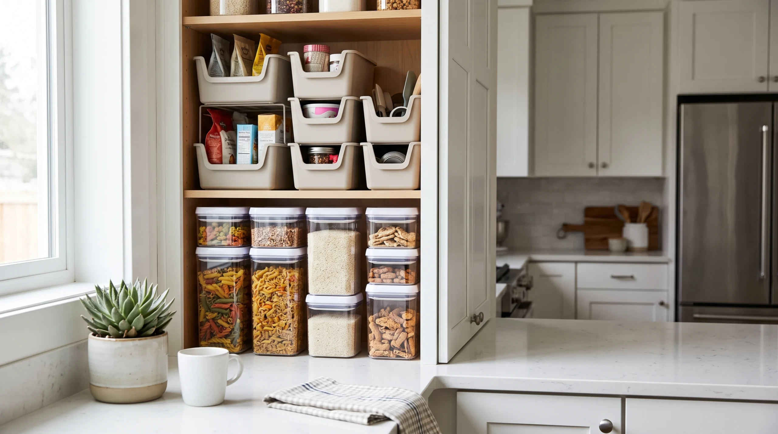 Visual illustration of try stackable bins and clear containers
