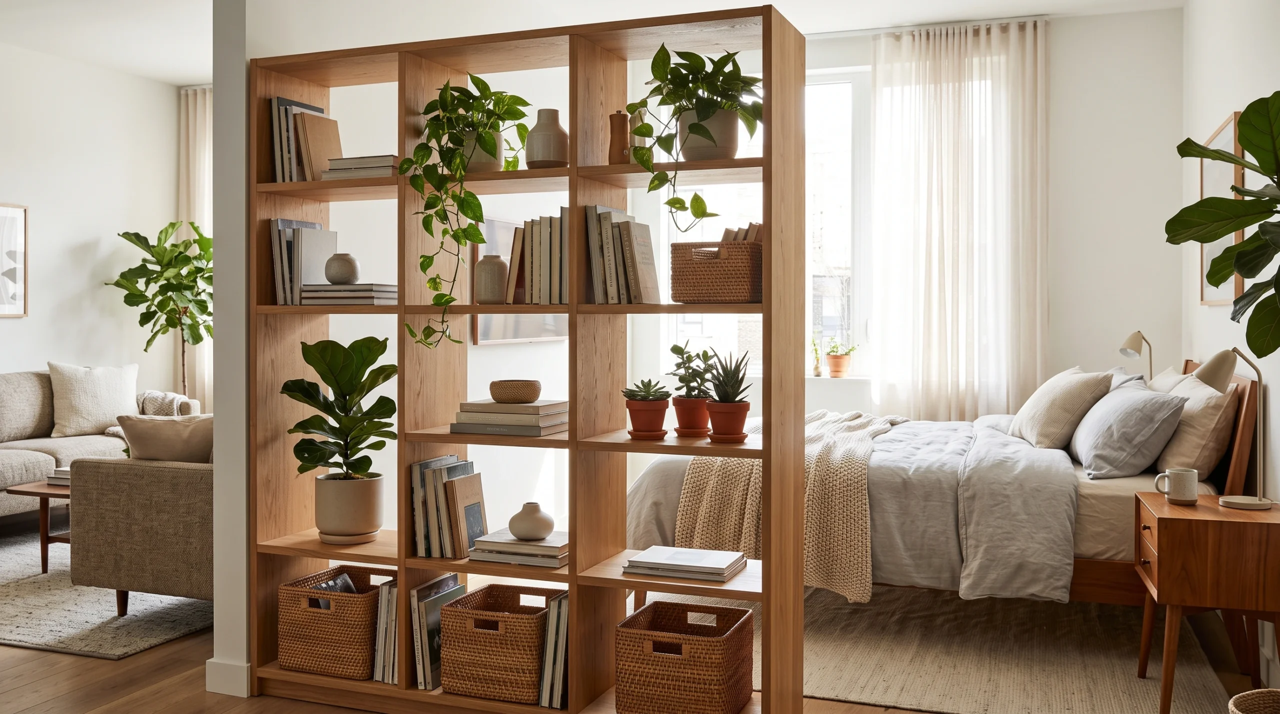 Visual illustration of use a bookcase as a room divider