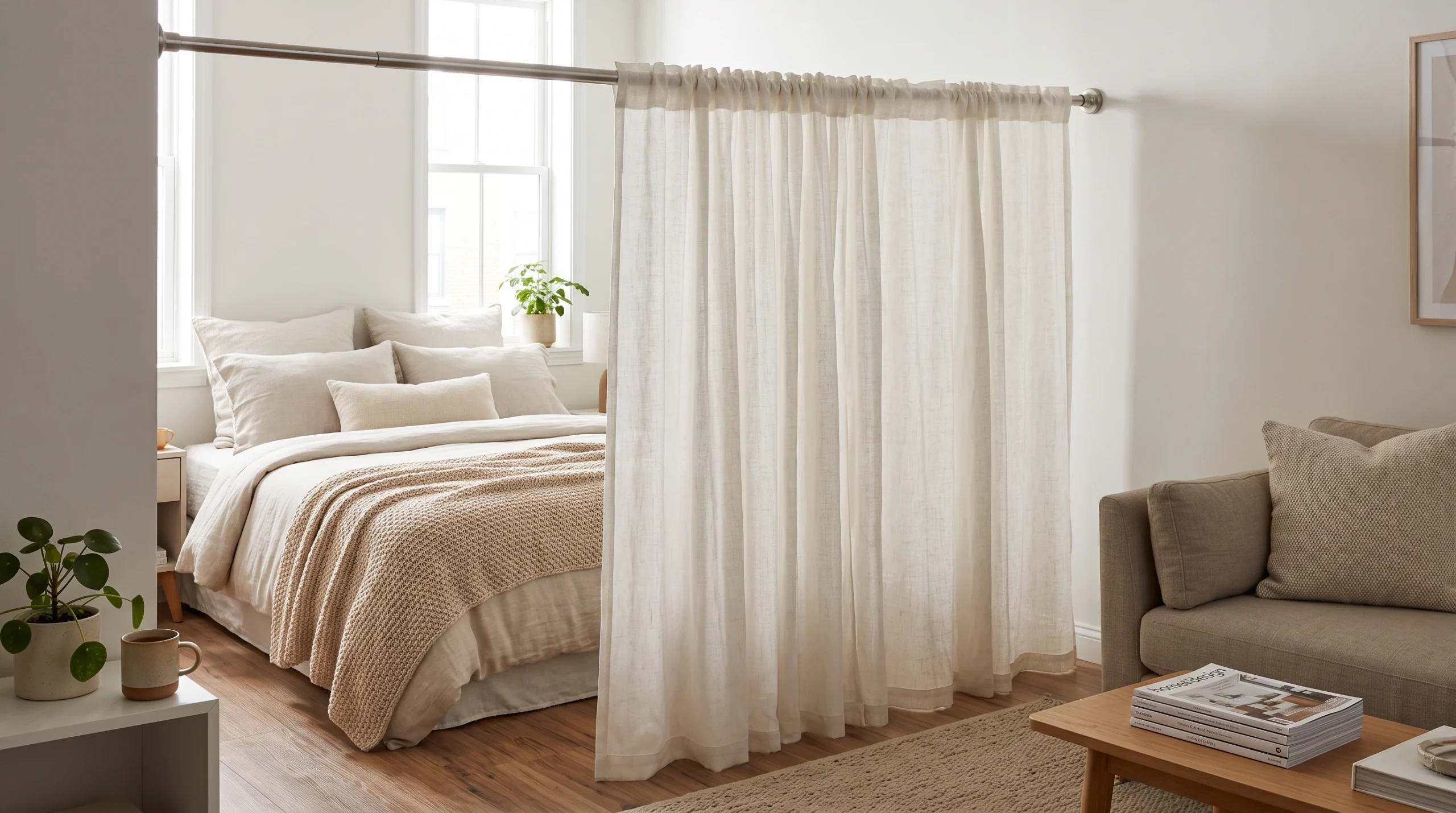Visual illustration of use a curtain as a soft room divider