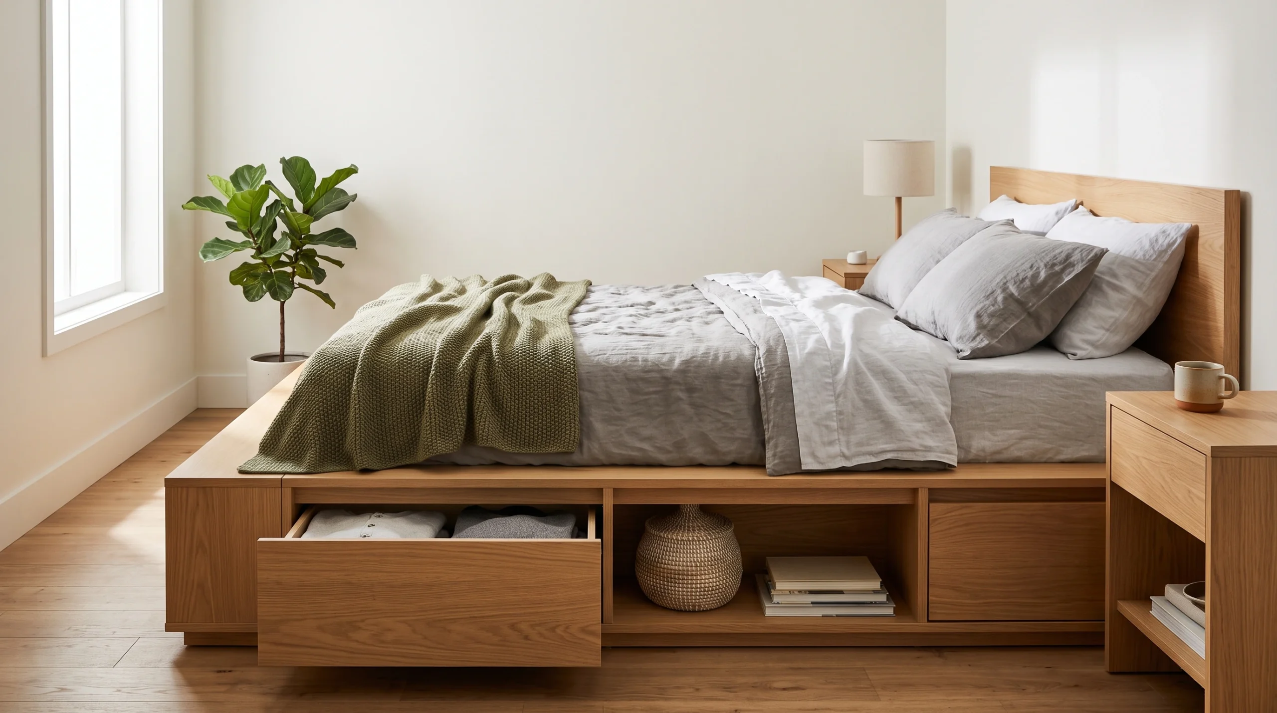 Visual illustration of use a platform bed with built-in storage