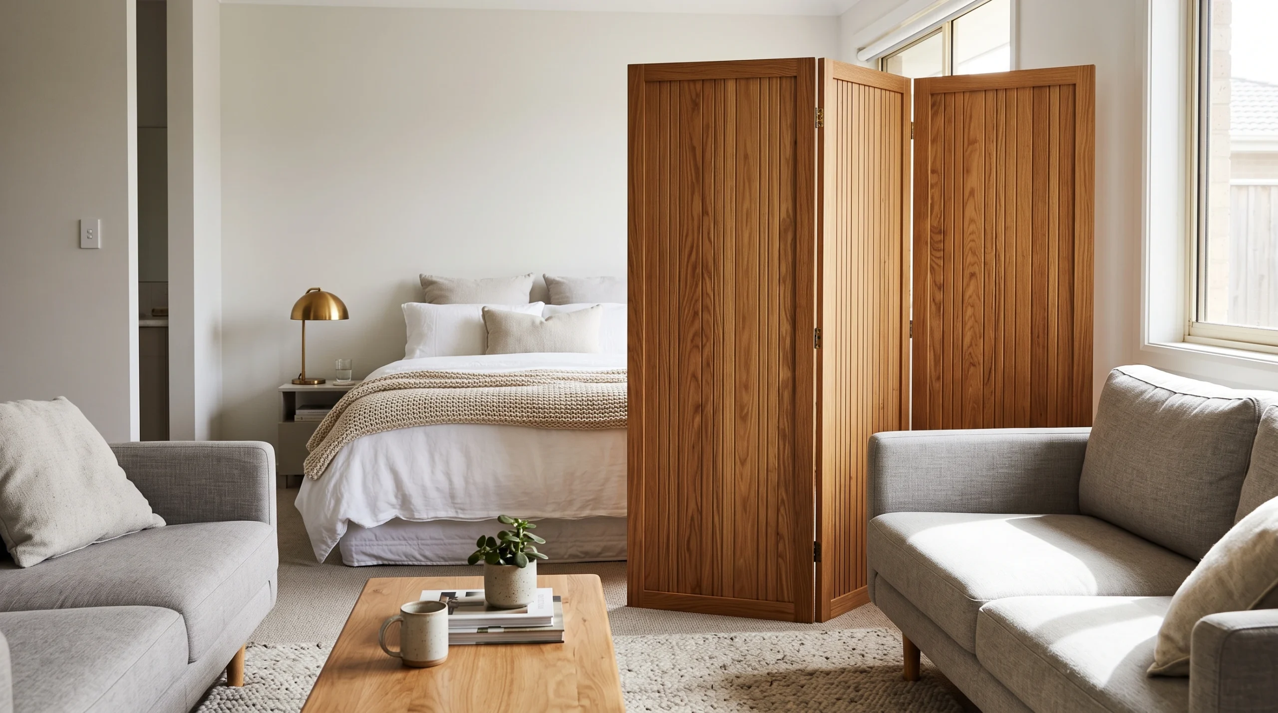 Visual illustration of use a privacy screen beside the bed
