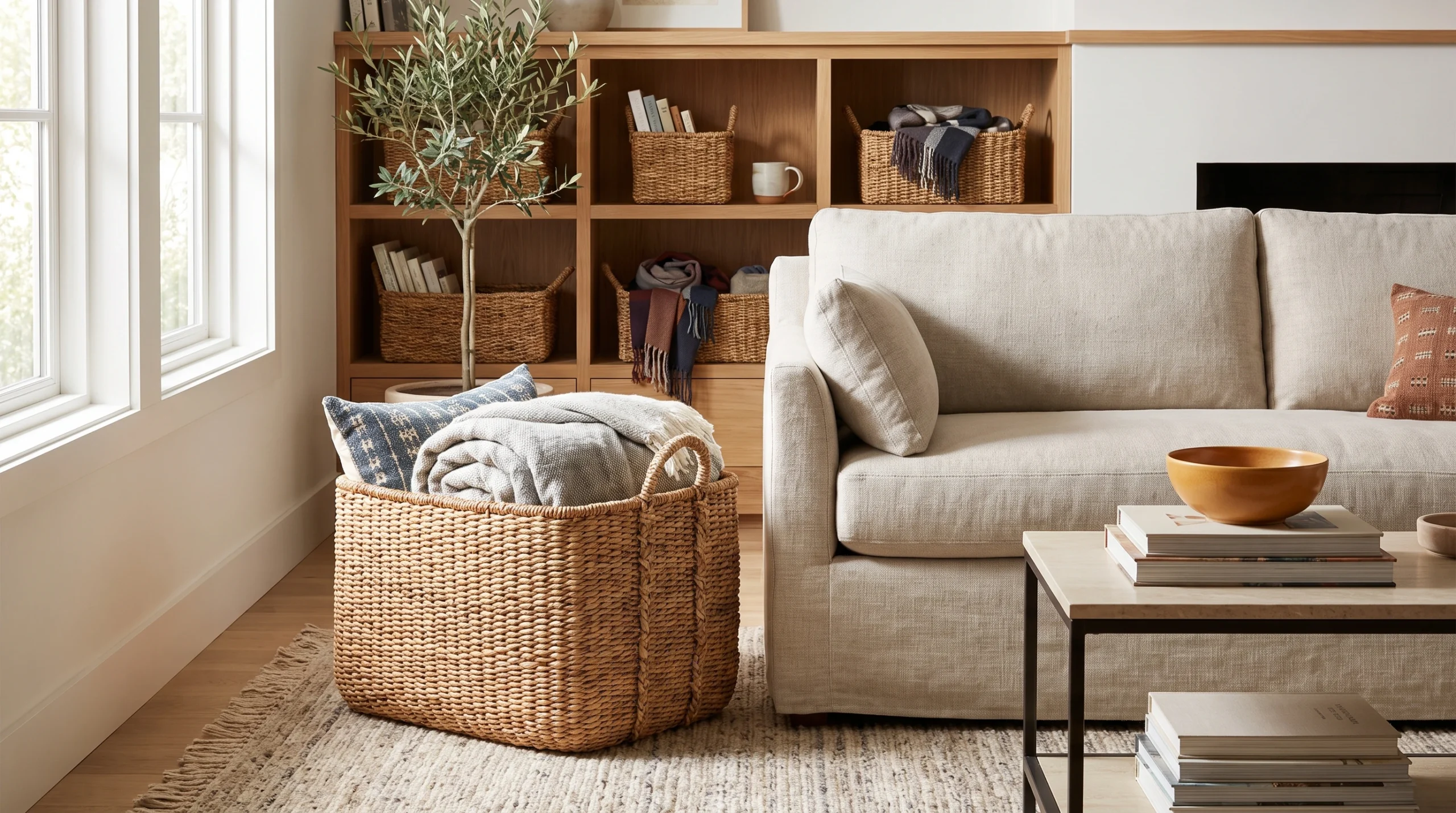 Visual illustration of use baskets for fall storage and decor