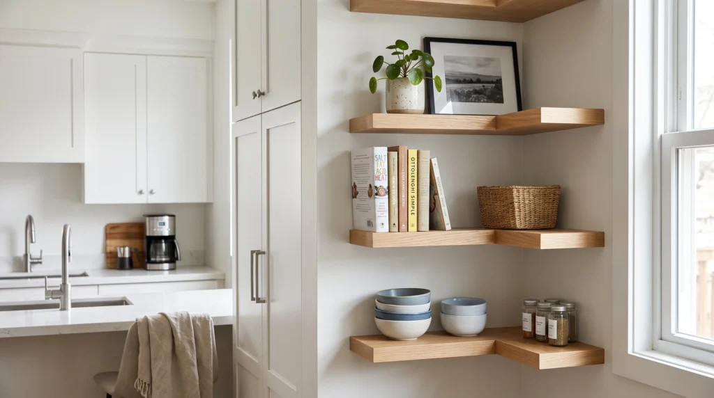 Visual illustration of use floating shelves in empty wall areas