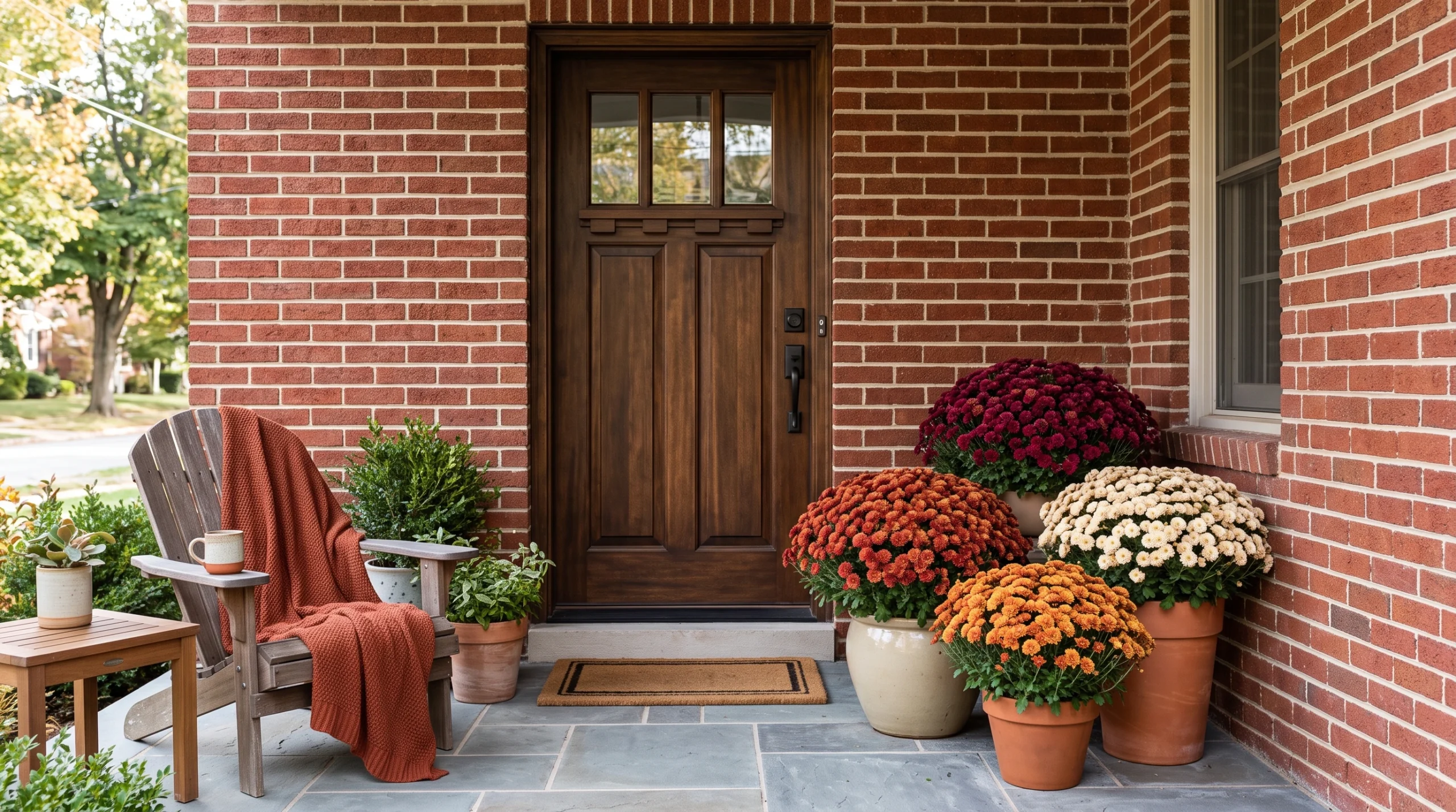 Visual illustration of use mums against a red brick house