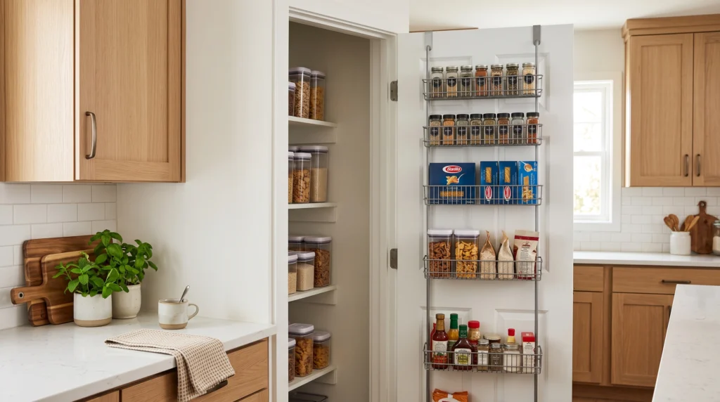Visual illustration of use over-the-door organizers for pantry items