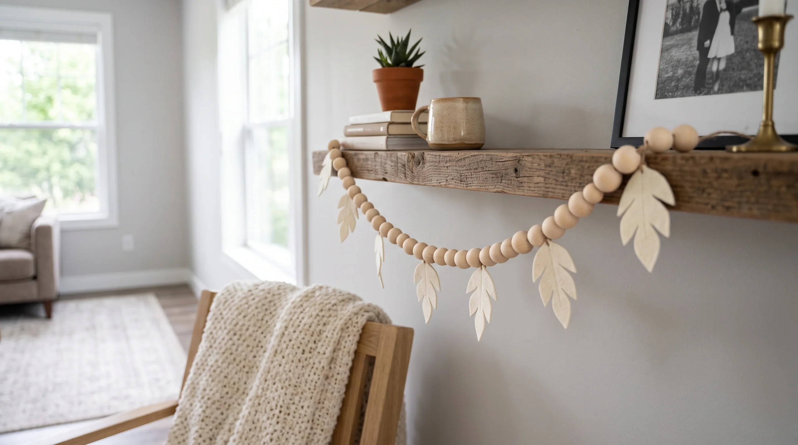 Visual illustration of wooden bead and leaf garland