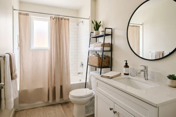Small rental bathroom decorated with budget-friendly renter-friendly ideas