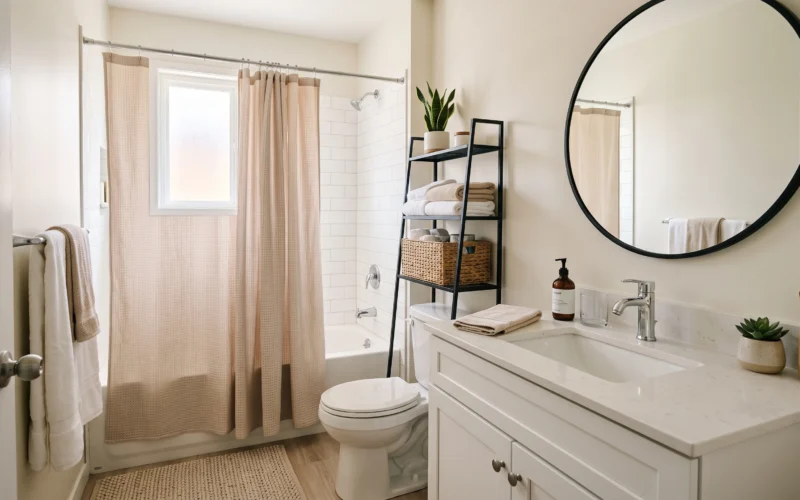 Small rental bathroom decorated with budget-friendly renter-friendly ideas