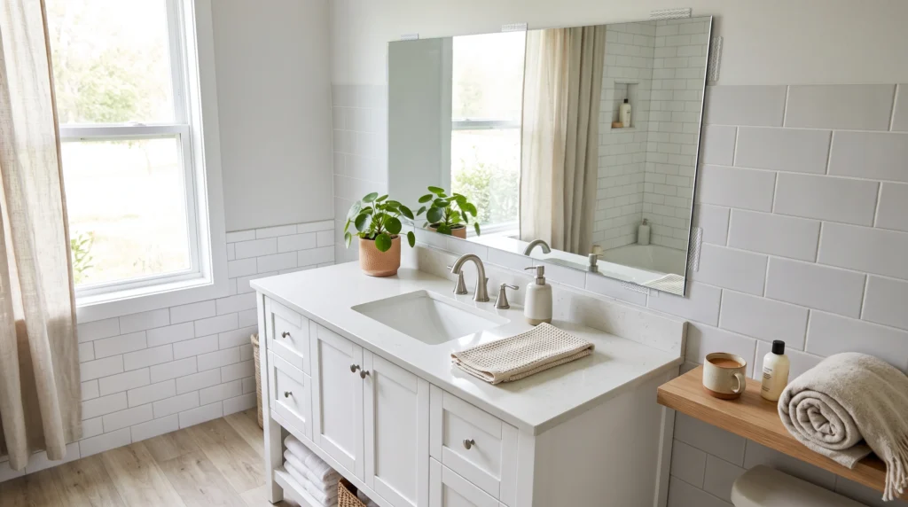 Visual illustration of use a large mirror to open up the room