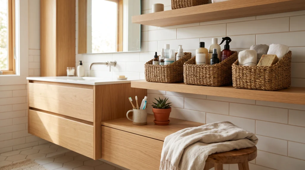 Visual illustration of use small baskets for bathroom organization